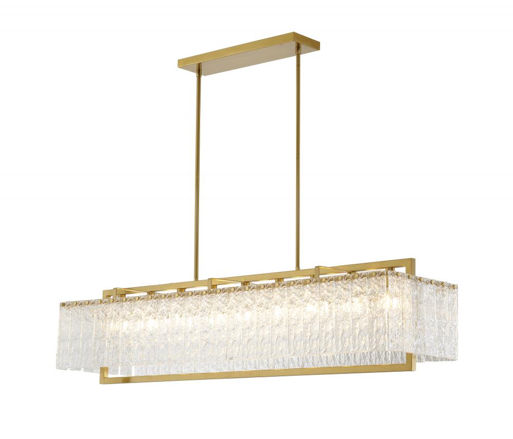 9-Light Brass Chandelier With Hanging Clear Rippled Glass